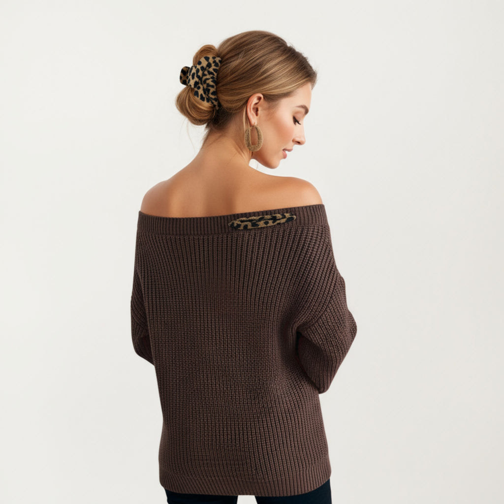 Anna-Kaci Women's Off Shoulder Knit Pullover Top with Leopard Print Bow Tie Detail