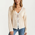 Anna-Kaci Women's Long Sleeve Knit Cardigan Top with Front Tie Bow Closures and Contrast Trim