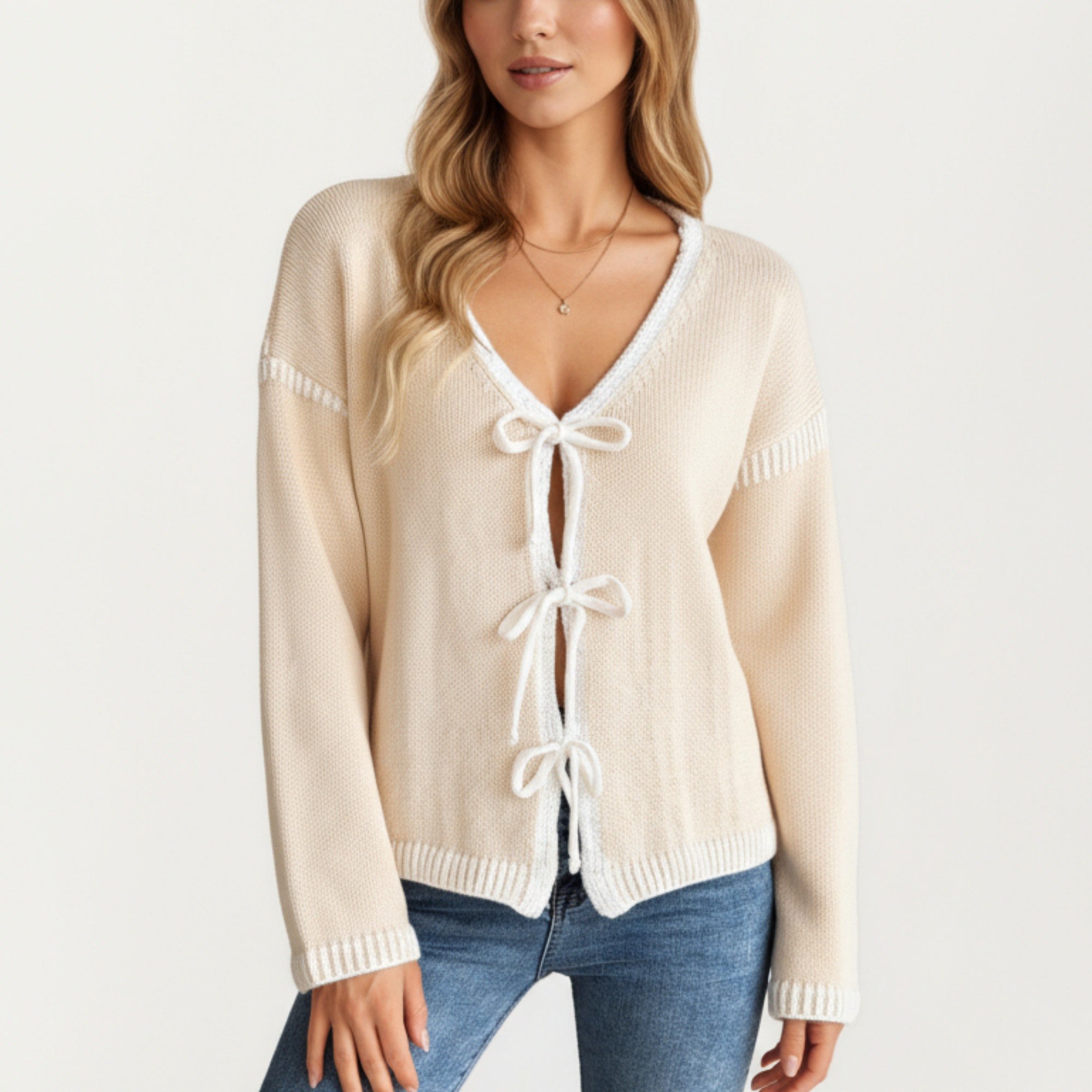 Anna-Kaci Women's Long Sleeve Knit Cardigan Top with Front Tie Bow Closures and Contrast Trim