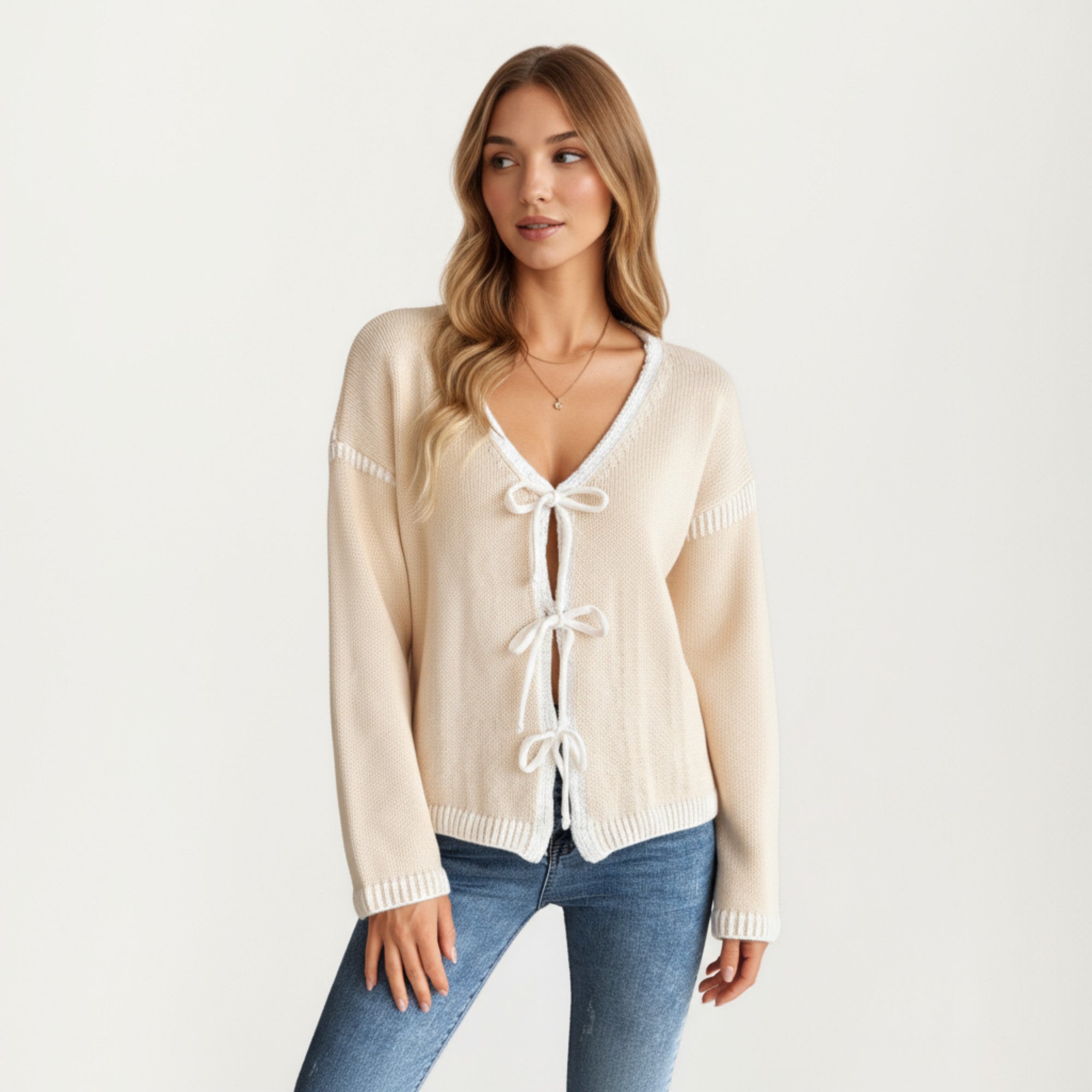 Anna-Kaci Women's Long Sleeve Knit Cardigan Top with Front Tie Bow Closures and Contrast Trim