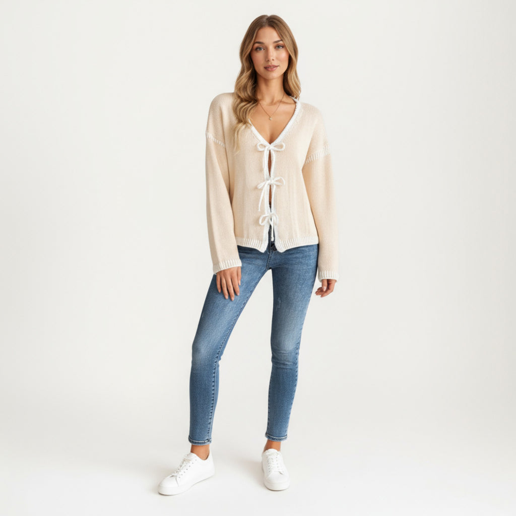 Anna-Kaci Women's Long Sleeve Knit Cardigan Top with Front Tie Bow Closures and Contrast Trim