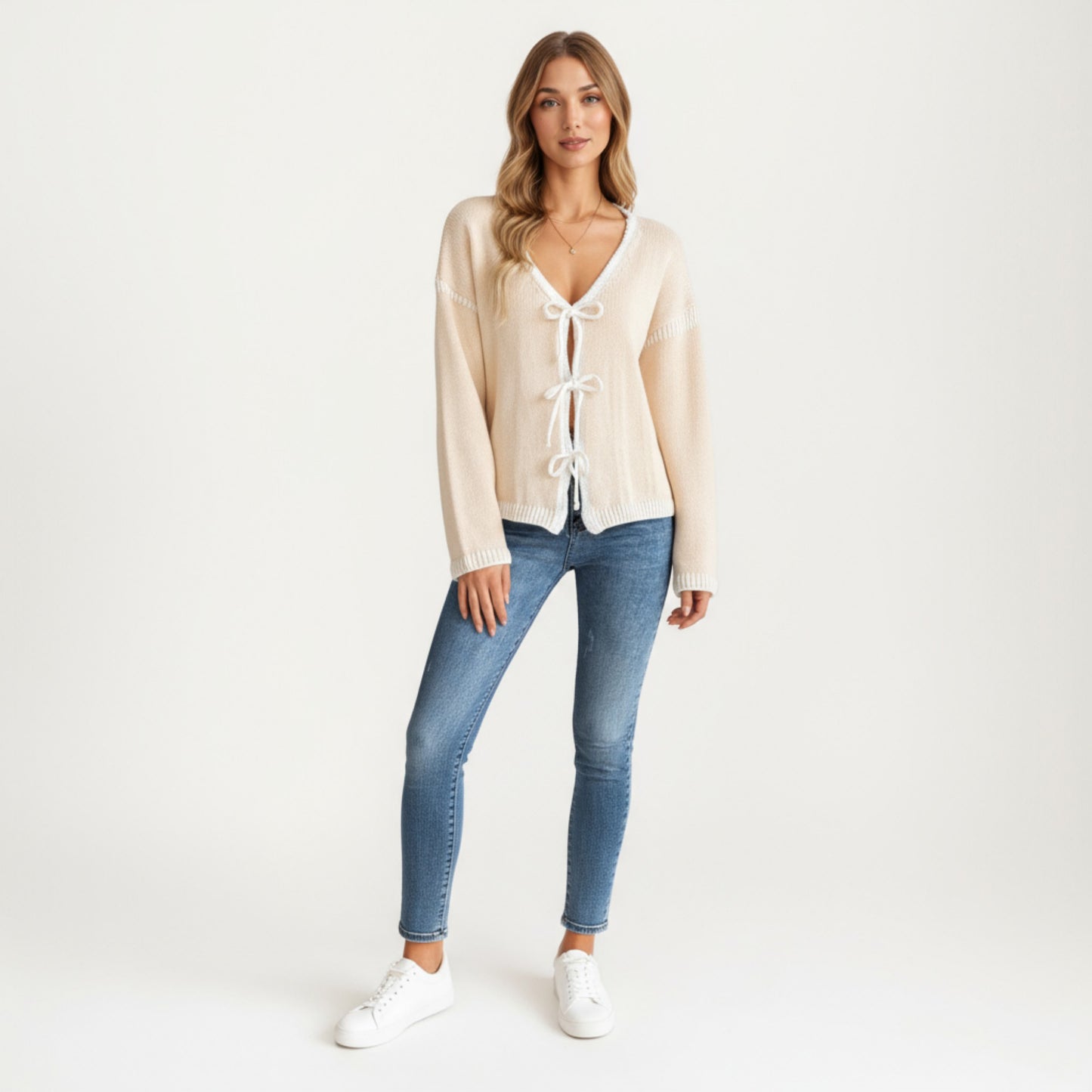 Anna-Kaci Women's Long Sleeve Knit Cardigan Top with Front Tie Bow Closures and Contrast Trim