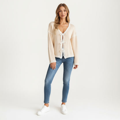 Anna-Kaci Women's Long Sleeve Knit Cardigan Top with Front Tie Bow Closures and Contrast Trim