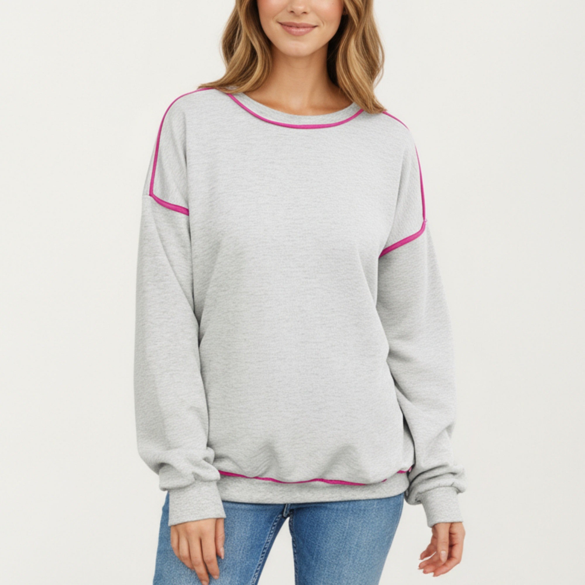 Anna-Kaci Women's Long Sleeve Pullover Sweatshirt with Contrast Piping Detail and Relaxed Fit