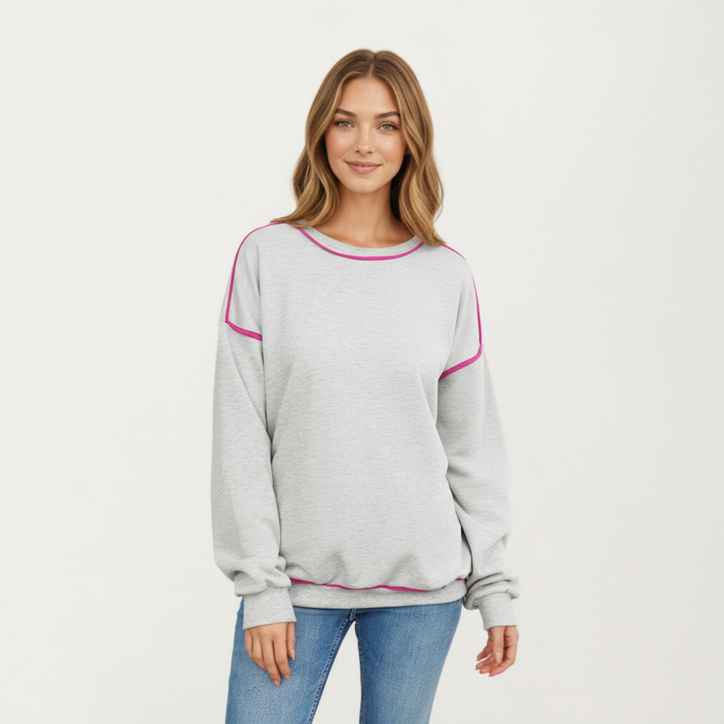 Anna-Kaci Women's Long Sleeve Pullover Sweatshirt with Contrast Piping Detail and Relaxed Fit