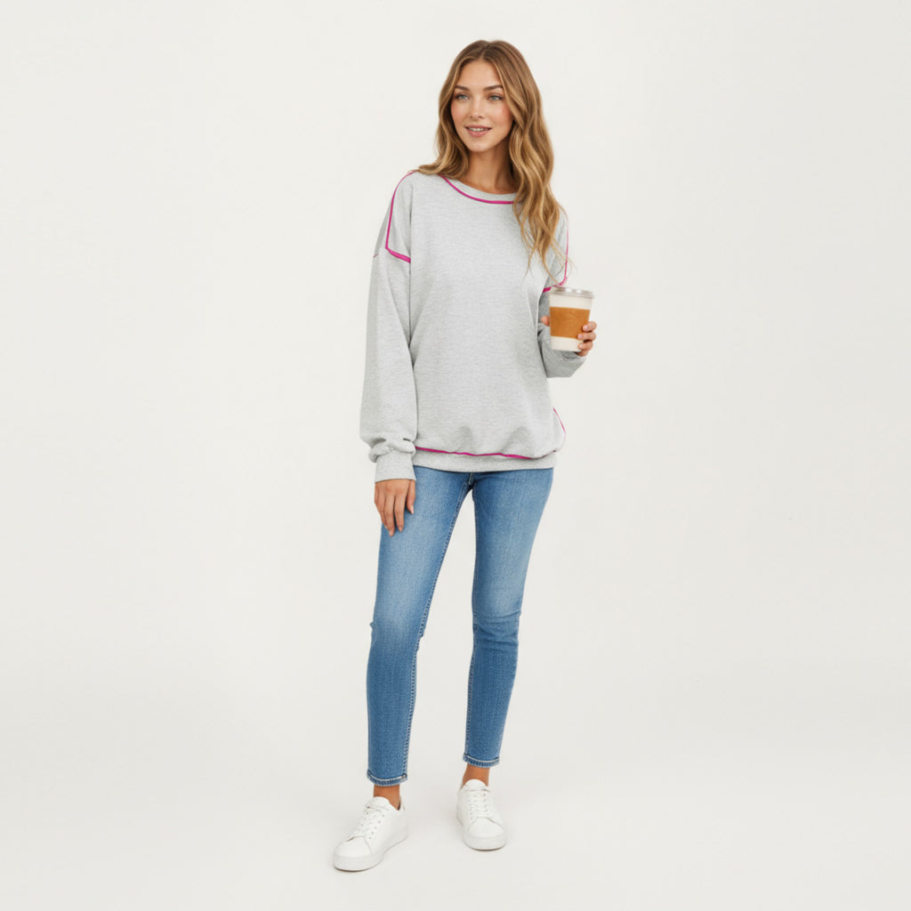Anna-Kaci Women's Long Sleeve Pullover Sweatshirt with Contrast Piping Detail and Relaxed Fit