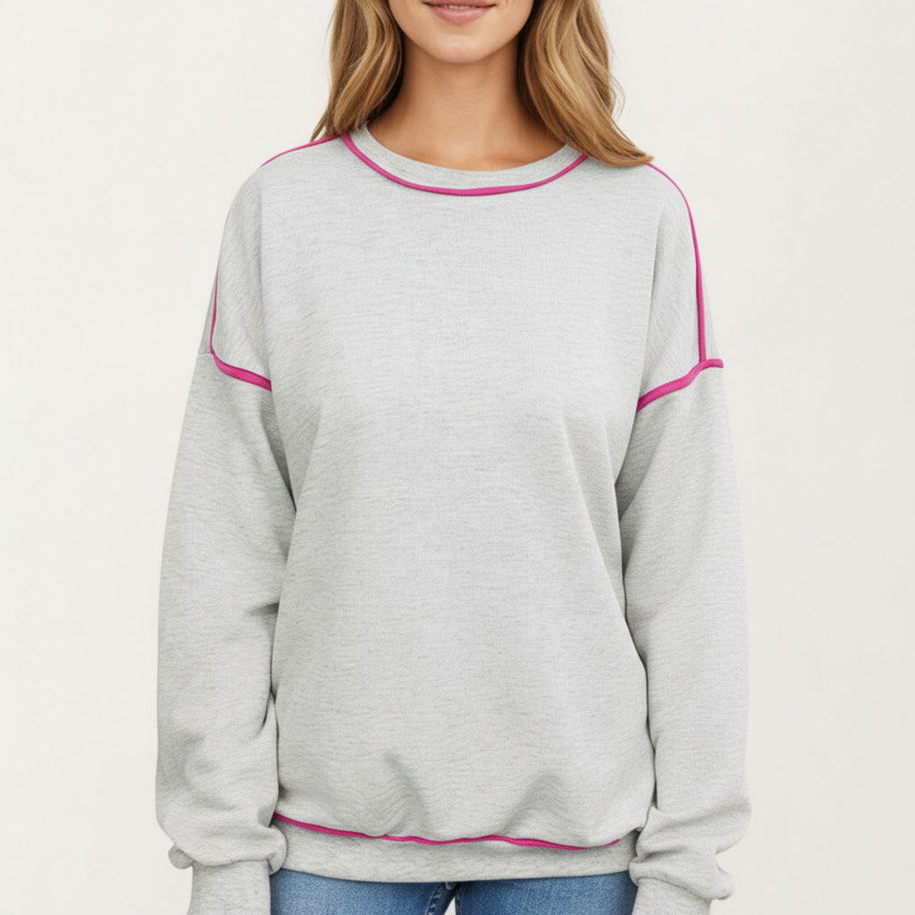 Anna-Kaci Women's Long Sleeve Pullover Sweatshirt with Contrast Piping Detail and Relaxed Fit