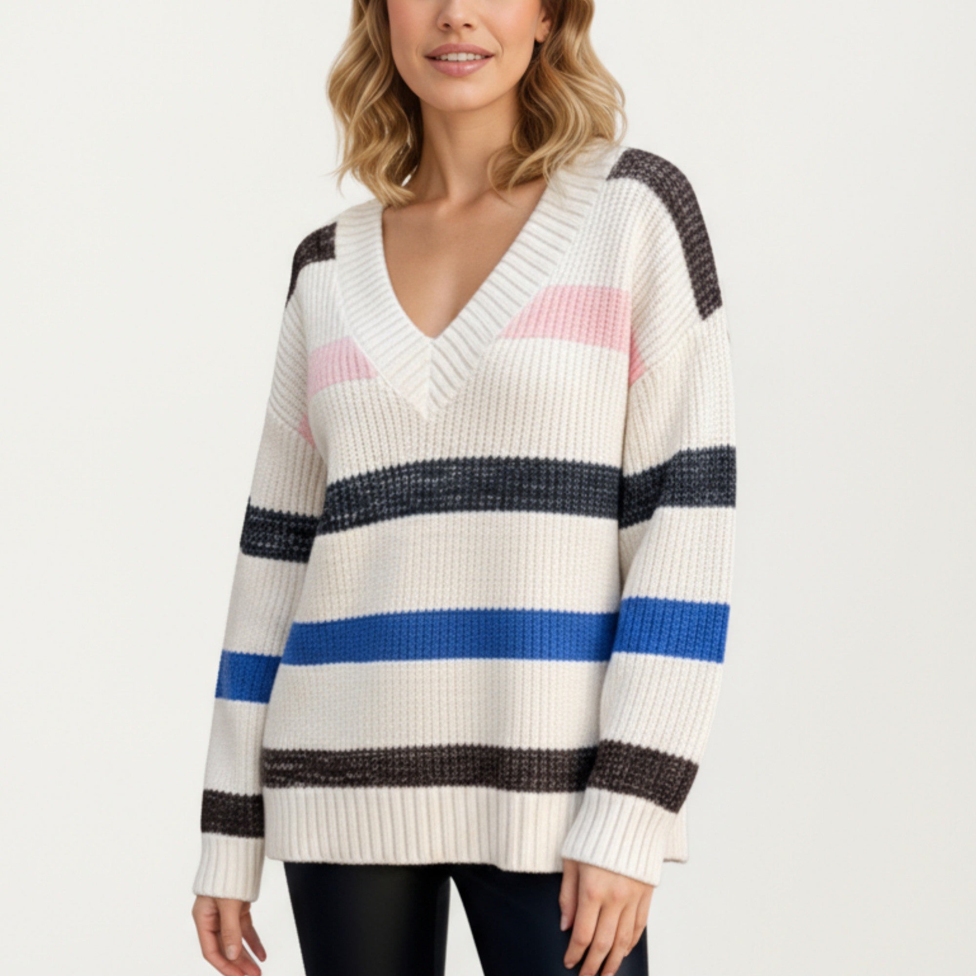 Anna-Kaci Women's V-Neck Long Sleeve Ribbed Knit Sweater with Bold Multi-Color Horizontal Stripes