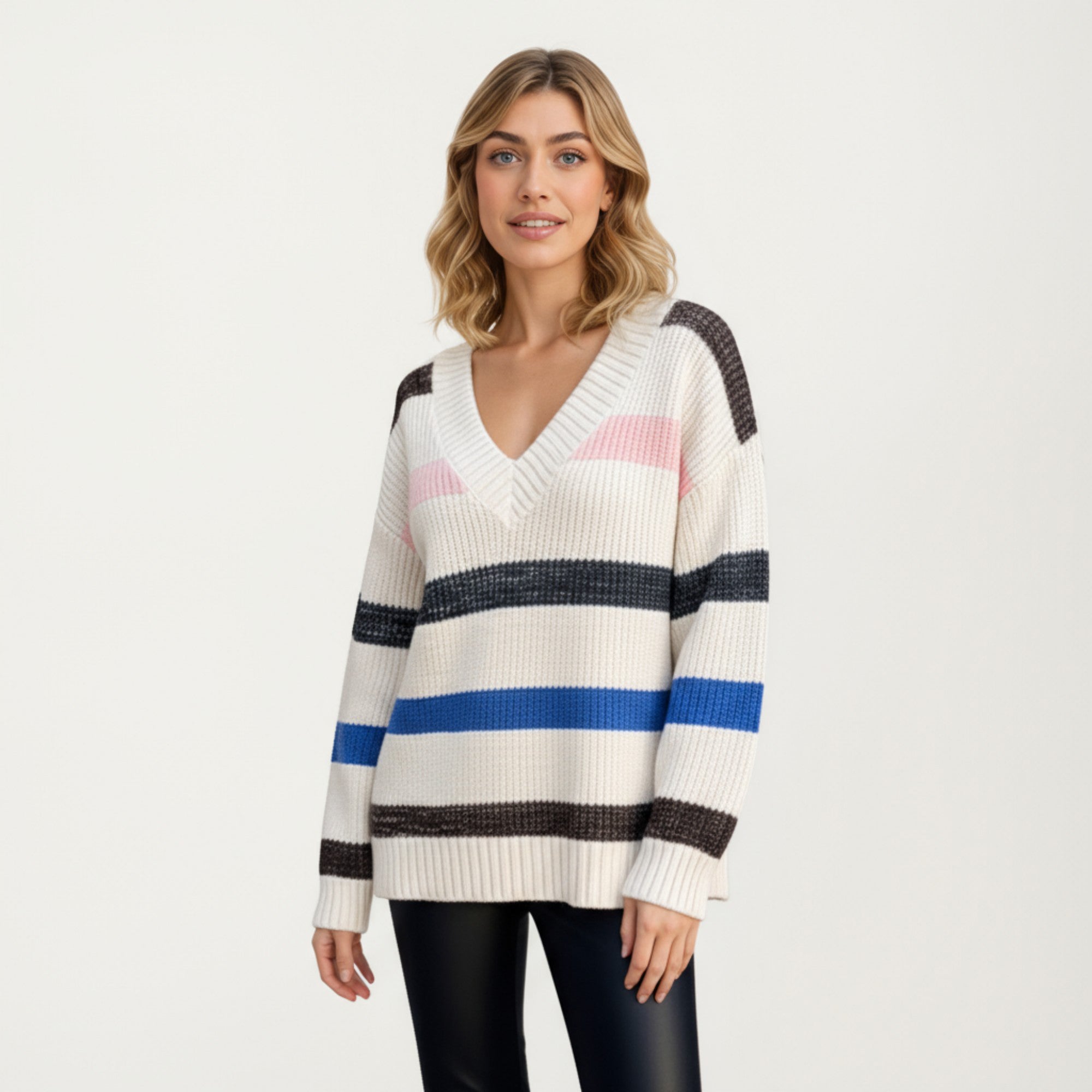 Anna-Kaci Women's V-Neck Long Sleeve Ribbed Knit Sweater with Bold Multi-Color Horizontal Stripes