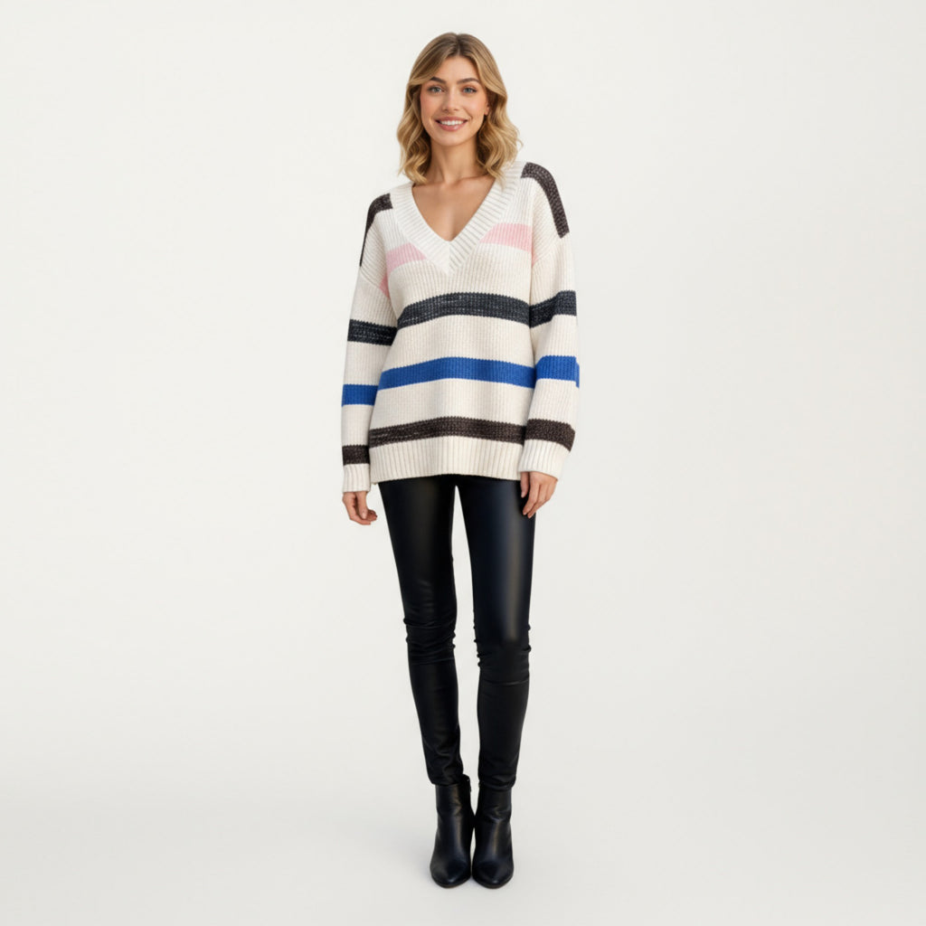 Anna-Kaci Women's V-Neck Long Sleeve Ribbed Knit Sweater with Bold Multi-Color Horizontal Stripes