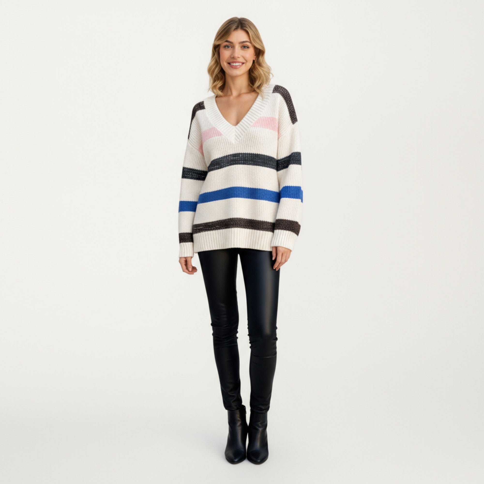Anna-Kaci Women's V-Neck Long Sleeve Ribbed Knit Sweater with Bold Multi-Color Horizontal Stripes