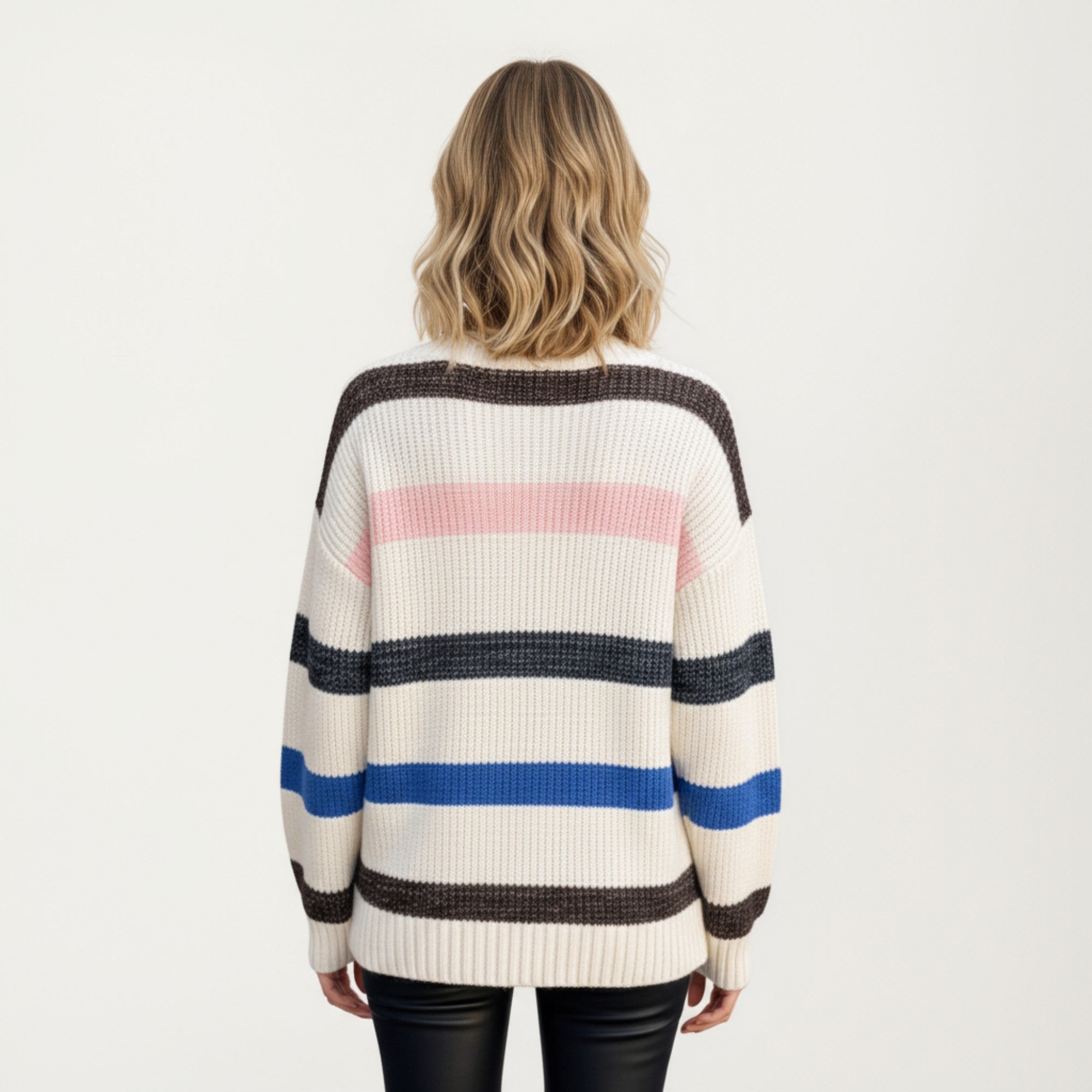 Anna-Kaci Women's V-Neck Long Sleeve Ribbed Knit Sweater with Bold Multi-Color Horizontal Stripes