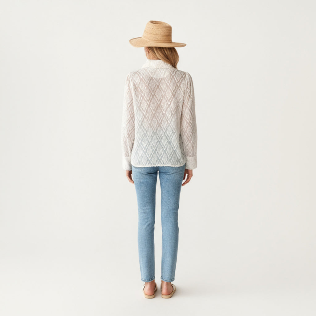 Anna-Kaci Women's Long Sleeve Button-Up Textured Sheer Blouse with Collared Neckline and Subtle Diamond Pattern