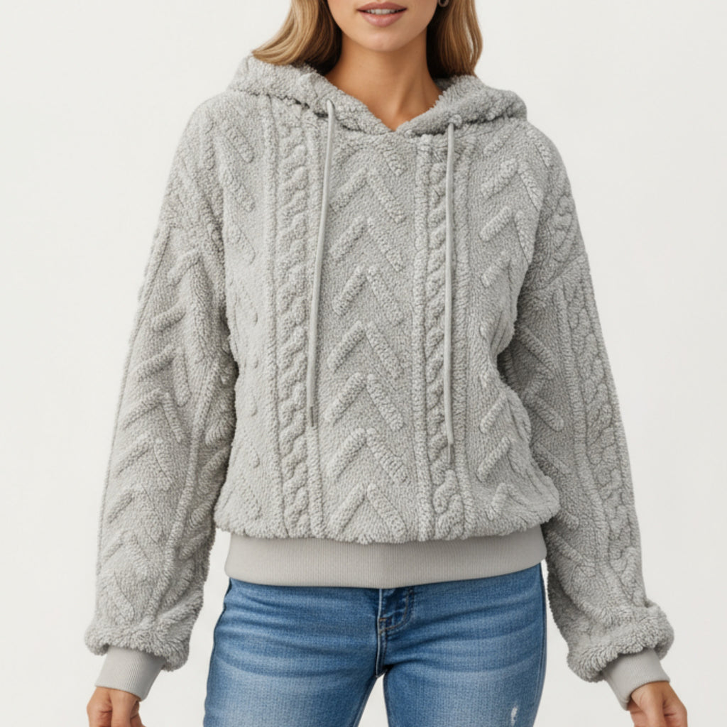 Anna-Kaci Women's Plush Textured Hoodie with Cable Inspired Patterning, Soft High Pile Fabric, Relaxed Long Sleeves and Ribbed Trim Accents