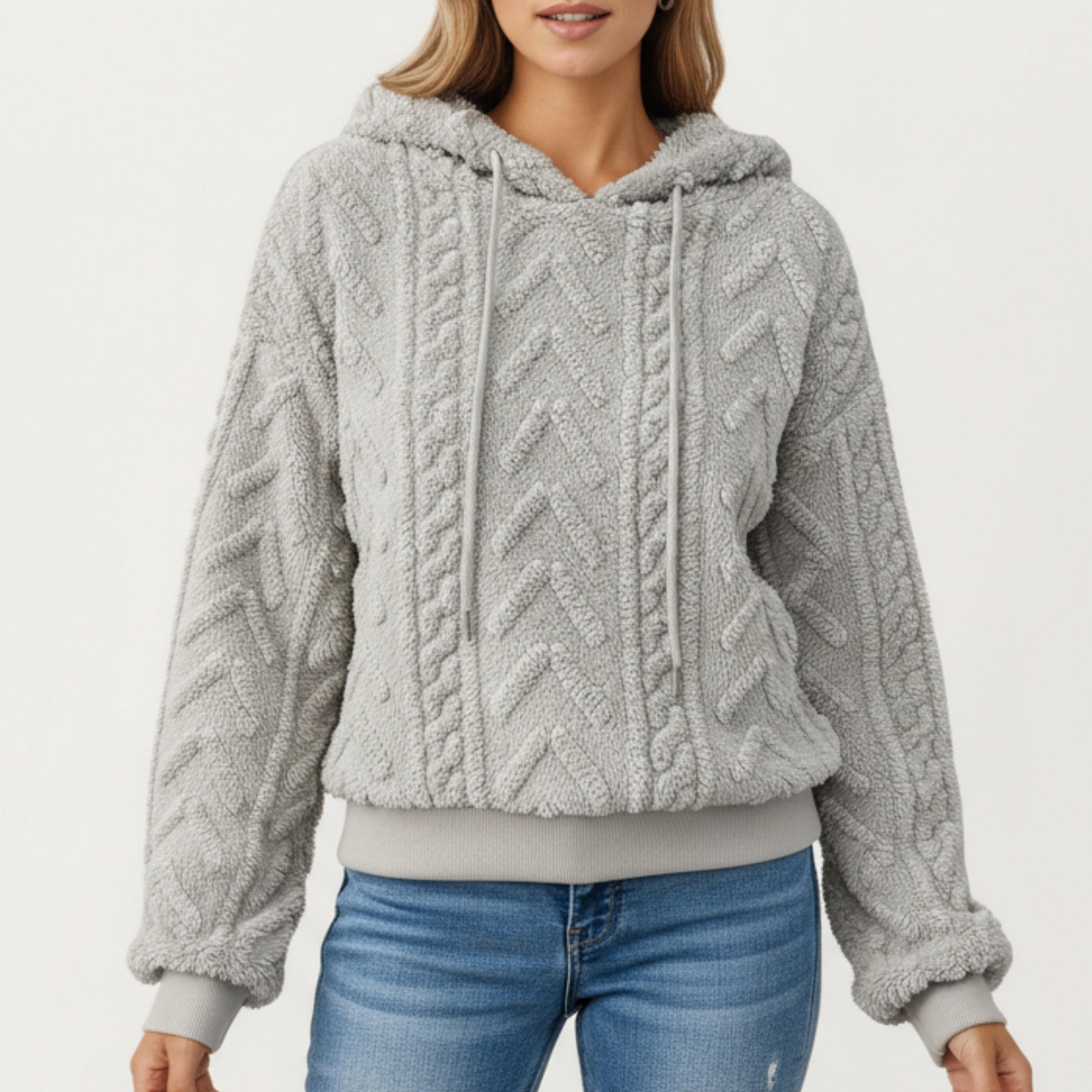 Anna-Kaci Women's Plush Textured Hoodie with Cable Inspired Patterning, Soft High Pile Fabric, Relaxed Long Sleeves and Ribbed Trim Accents