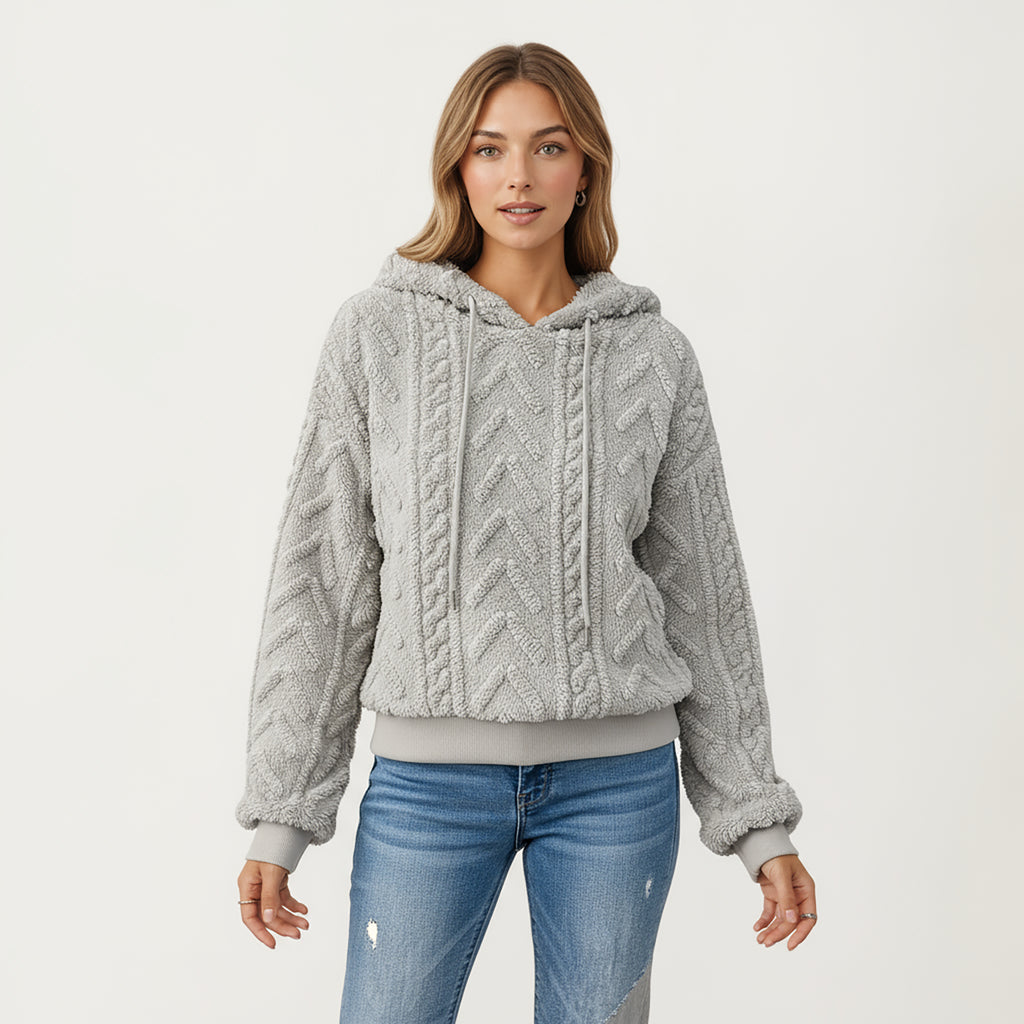 Anna-Kaci Women's Plush Textured Hoodie with Cable Inspired Patterning, Soft High Pile Fabric, Relaxed Long Sleeves and Ribbed Trim Accents