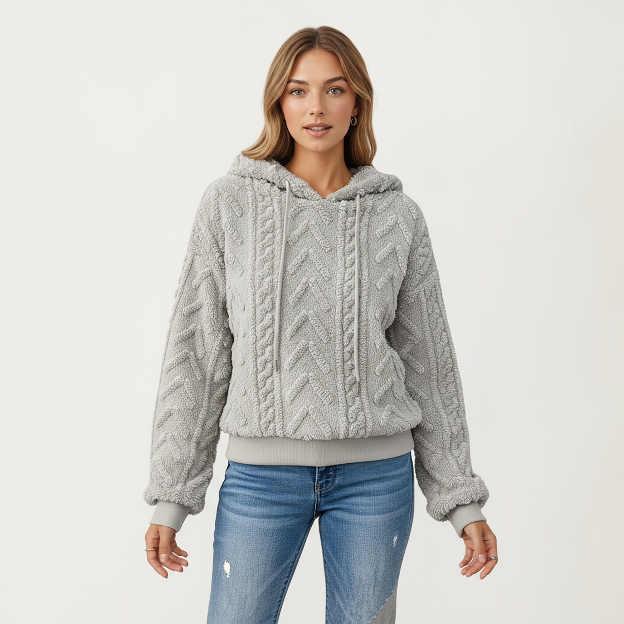 Anna-Kaci Women's Plush Textured Hoodie with Cable Inspired Patterning, Soft High Pile Fabric, Relaxed Long Sleeves and Ribbed Trim Accents