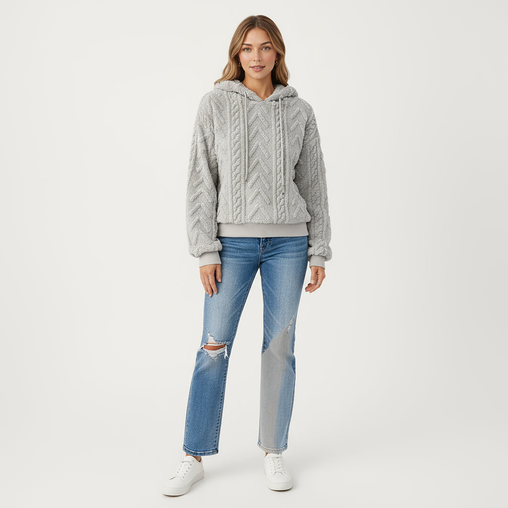 Anna-Kaci Women's Plush Textured Hoodie with Cable Inspired Patterning, Soft High Pile Fabric, Relaxed Long Sleeves and Ribbed Trim Accents