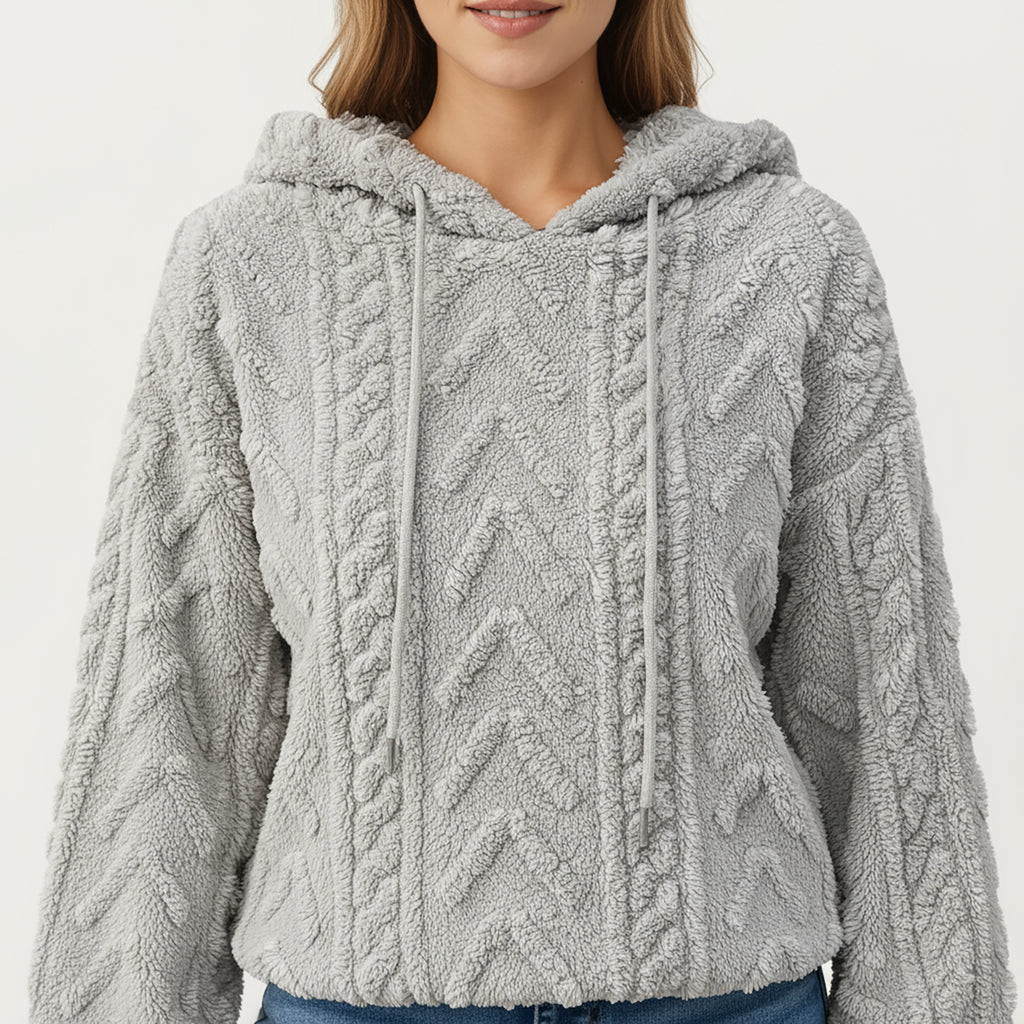 Anna-Kaci Women's Plush Textured Hoodie with Cable Inspired Patterning, Soft High Pile Fabric, Relaxed Long Sleeves and Ribbed Trim Accents