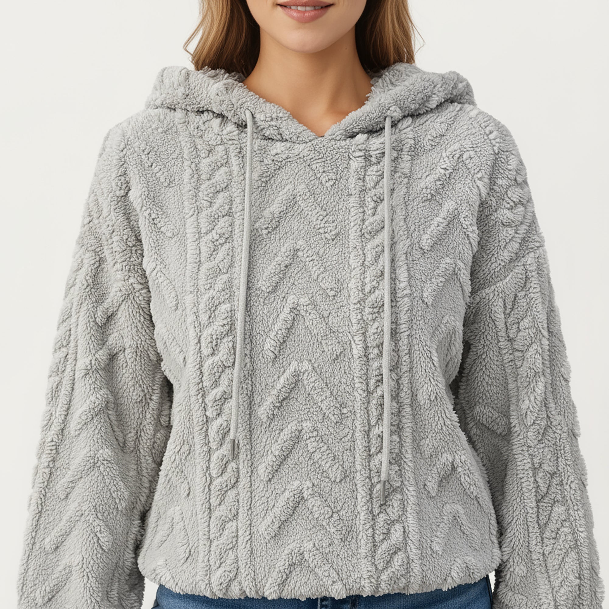 Anna-Kaci Women's Plush Textured Hoodie with Cable Inspired Patterning, Soft High Pile Fabric, Relaxed Long Sleeves and Ribbed Trim Accents
