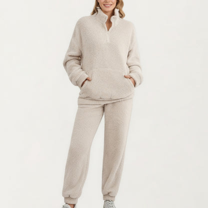 Anna-Kaci Women's 2-Piece Set Plush High Pile Fleece Pullover with Quarter Zip Collar and Matching Elastic Cuff Pants in Soft Textured Fabric