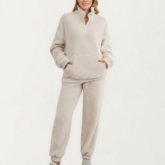 Anna-Kaci Women's 2-Piece Set Plush High Pile Fleece Pullover with Quarter Zip Collar and Matching Elastic Cuff Pants in Soft Textured Fabric