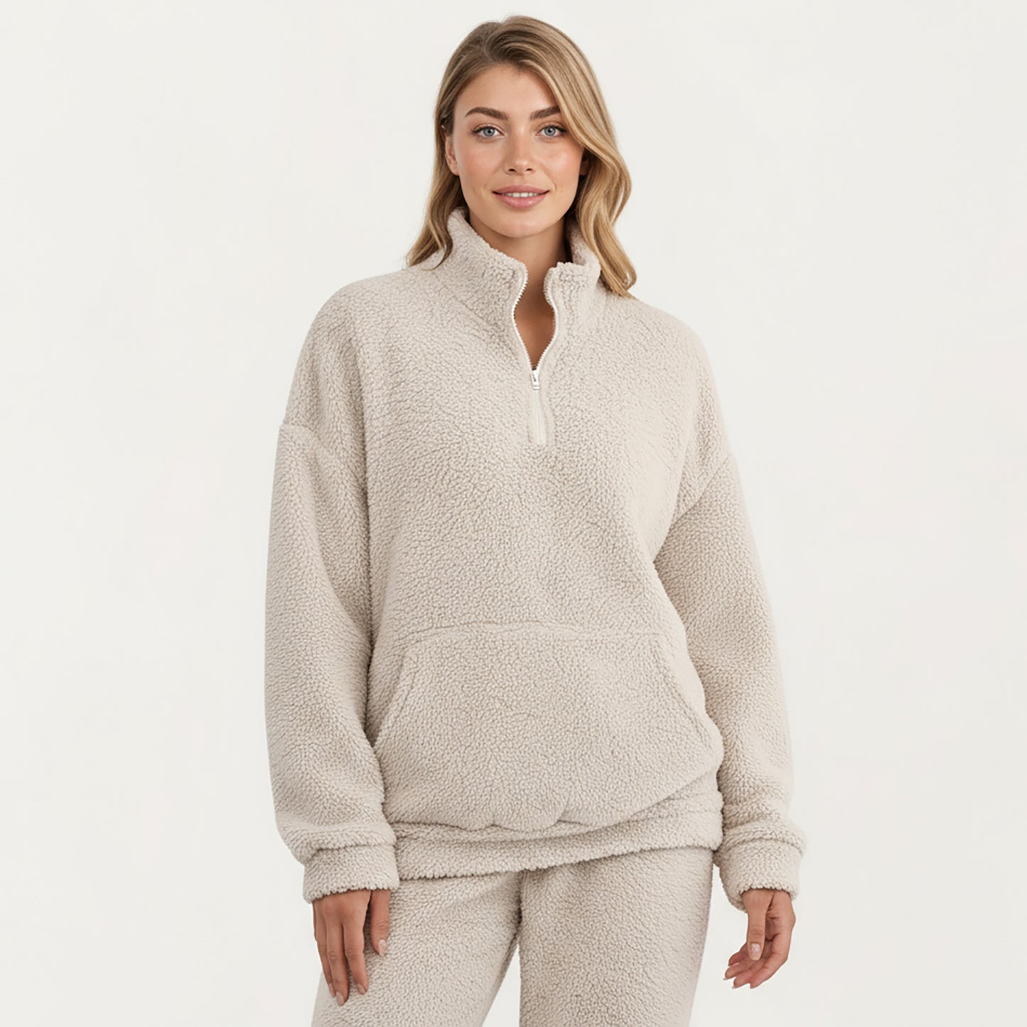 Anna-Kaci Women's 2-Piece Set Plush High Pile Fleece Pullover with Quarter Zip Collar and Matching Elastic Cuff Pants in Soft Textured Fabric