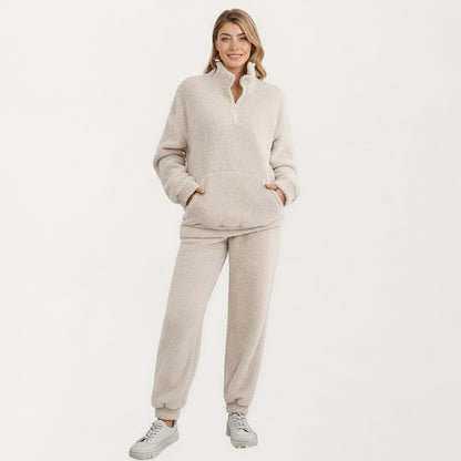 Anna-Kaci Women's 2-Piece Set Plush High Pile Fleece Pullover with Quarter Zip Collar and Matching Elastic Cuff Pants in Soft Textured Fabric