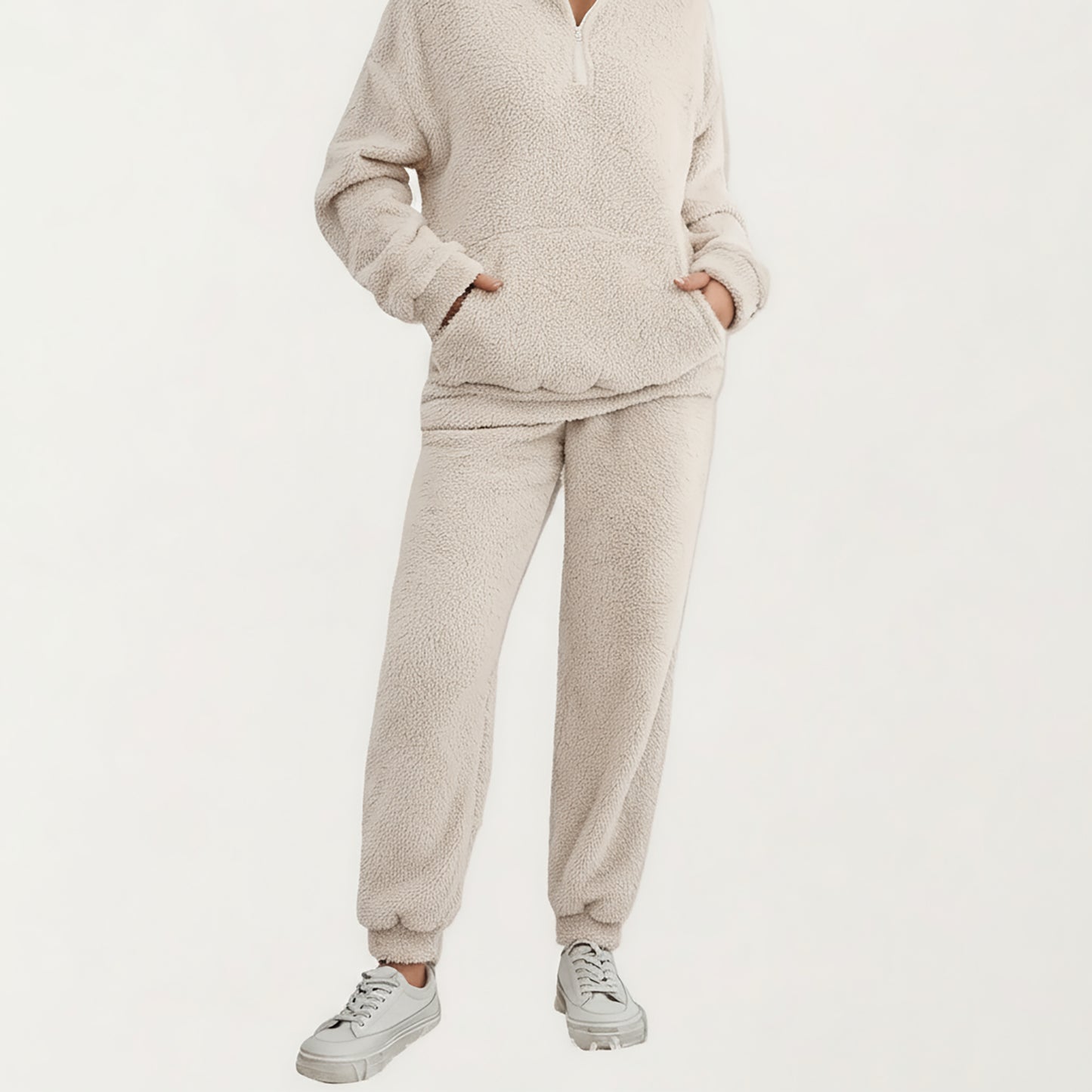 Anna-Kaci Women's 2-Piece Set Plush High Pile Fleece Pullover with Quarter Zip Collar and Matching Elastic Cuff Pants in Soft Textured Fabric