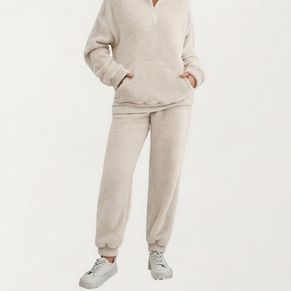 Anna-Kaci Women's 2-Piece Set Plush High Pile Fleece Pullover with Quarter Zip Collar and Matching Elastic Cuff Pants in Soft Textured Fabric