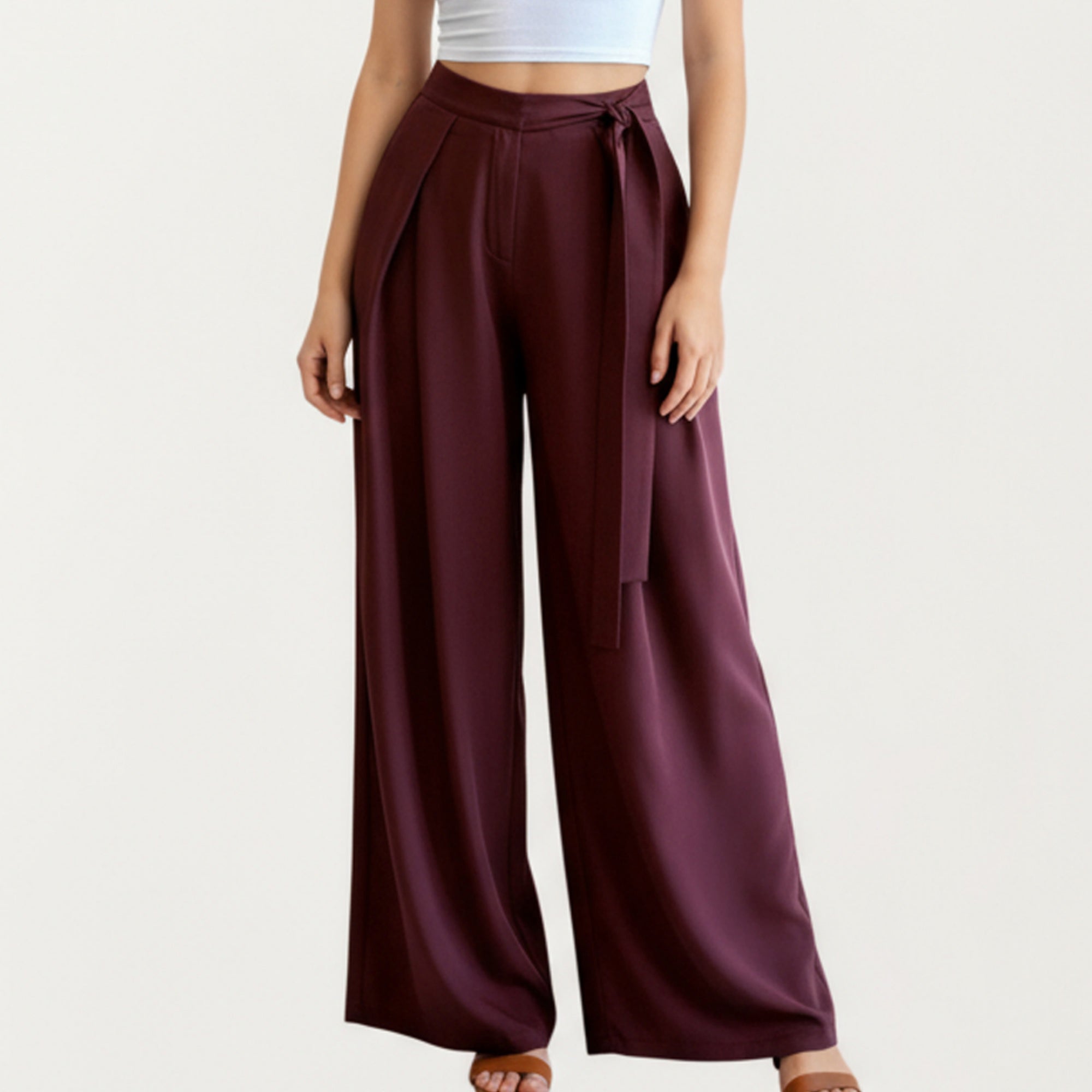 Anna-Kaci Women's Wide Leg Pants with Draped Front Panels and Soft Flowing Fabric Featuring a Tie Waist Detail and Smooth Relaxed Silhouette