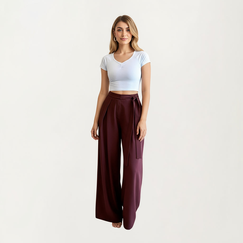 Anna-Kaci Women's Wide Leg Pants with Draped Front Panels and Soft Flowing Fabric Featuring a Tie Waist Detail and Smooth Relaxed Silhouette
