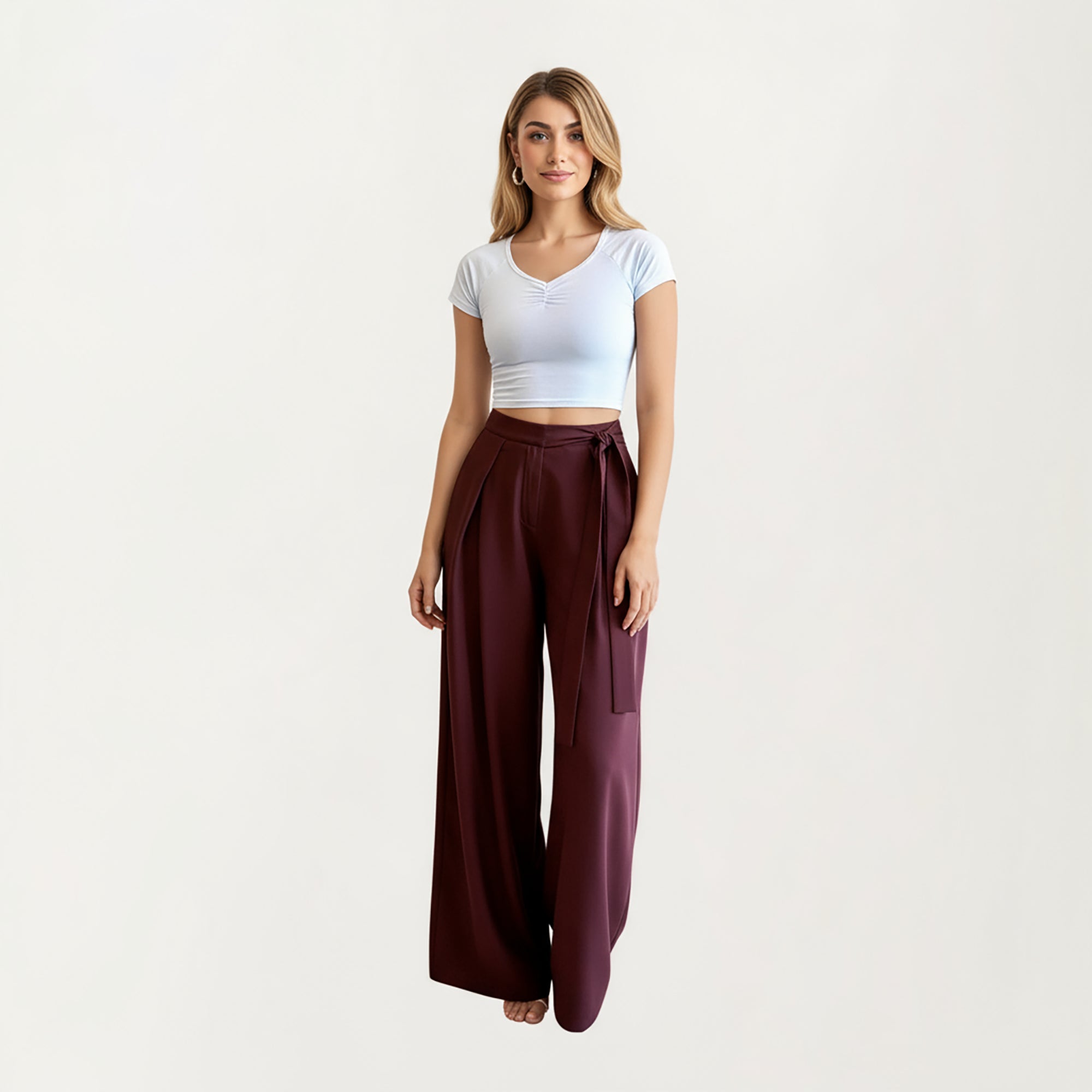 Anna-Kaci Women's Wide Leg Pants with Draped Front Panels and Soft Flowing Fabric Featuring a Tie Waist Detail and Smooth Relaxed Silhouette