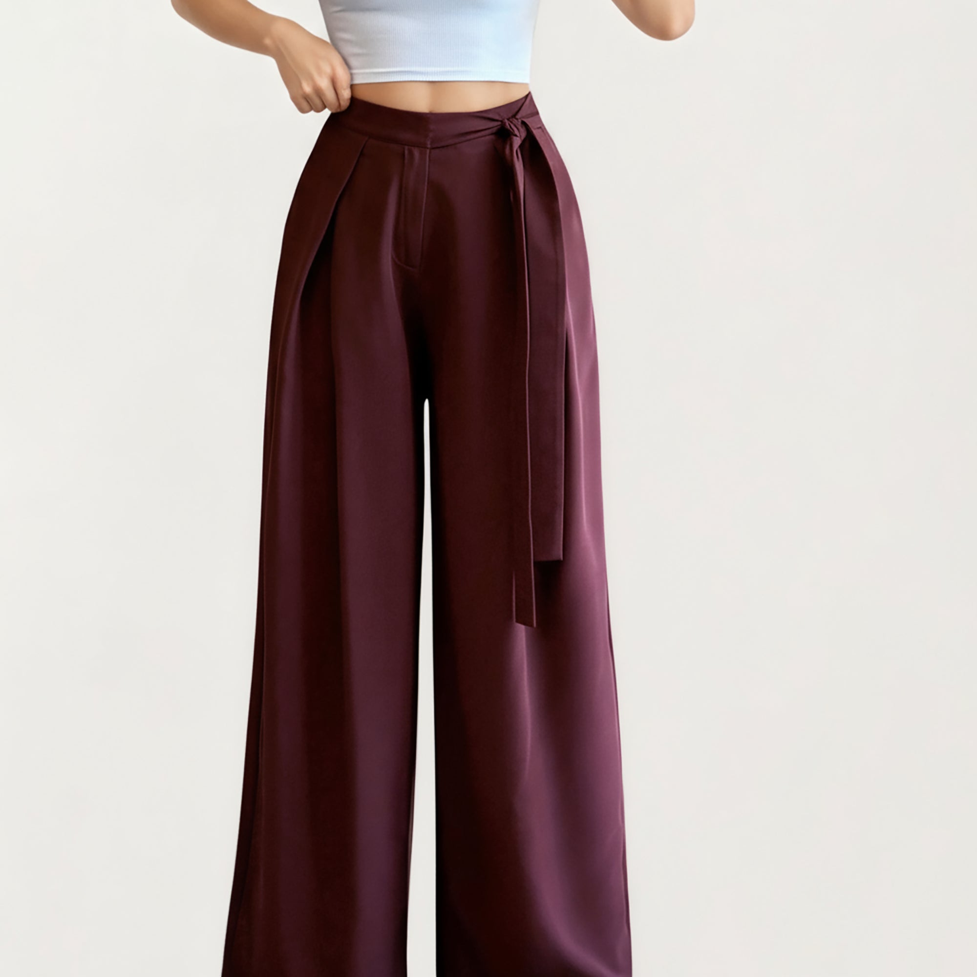 Anna-Kaci Women's Wide Leg Pants with Draped Front Panels and Soft Flowing Fabric Featuring a Tie Waist Detail and Smooth Relaxed Silhouette