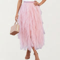 Anna-Kaci Women's Layered Tulle Midi Skirt with Cascading Ruffle Panels and Soft Flowing Sheer Texture Creating a Voluminous Lightweight Silhouette