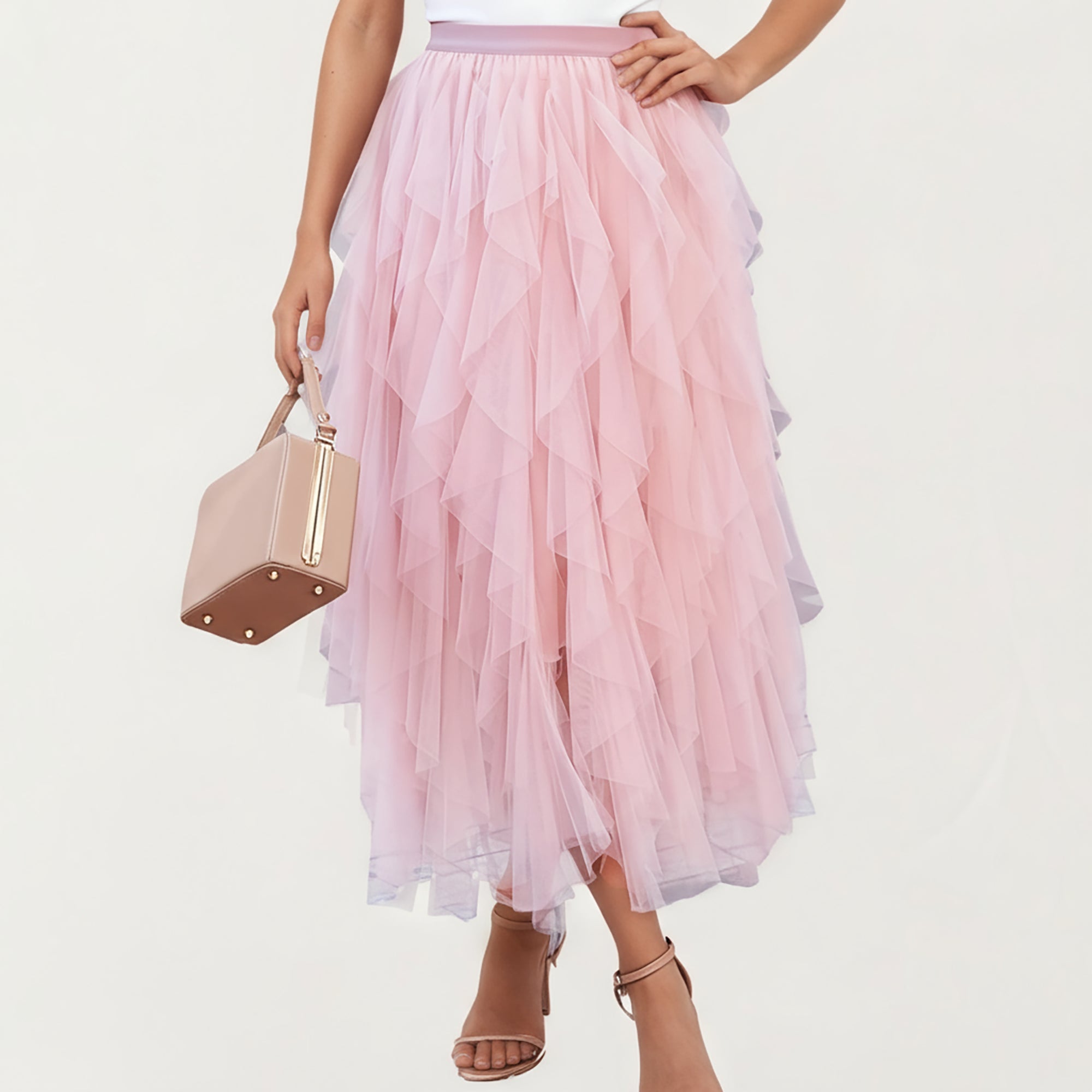 Anna-Kaci Women's Layered Tulle Midi Skirt with Cascading Ruffle Panels and Soft Flowing Sheer Texture Creating a Voluminous Lightweight Silhouette
