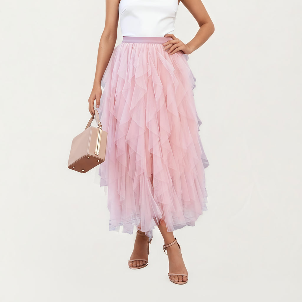 Anna-Kaci Women's Layered Tulle Midi Skirt with Cascading Ruffle Panels and Soft Flowing Sheer Texture Creating a Voluminous Lightweight Silhouette