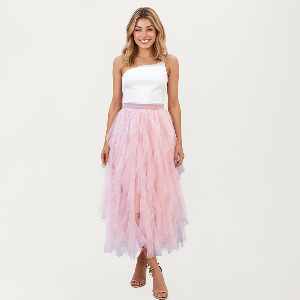 Anna-Kaci Women's Layered Tulle Midi Skirt with Cascading Ruffle Panels and Soft Flowing Sheer Texture Creating a Voluminous Lightweight Silhouette