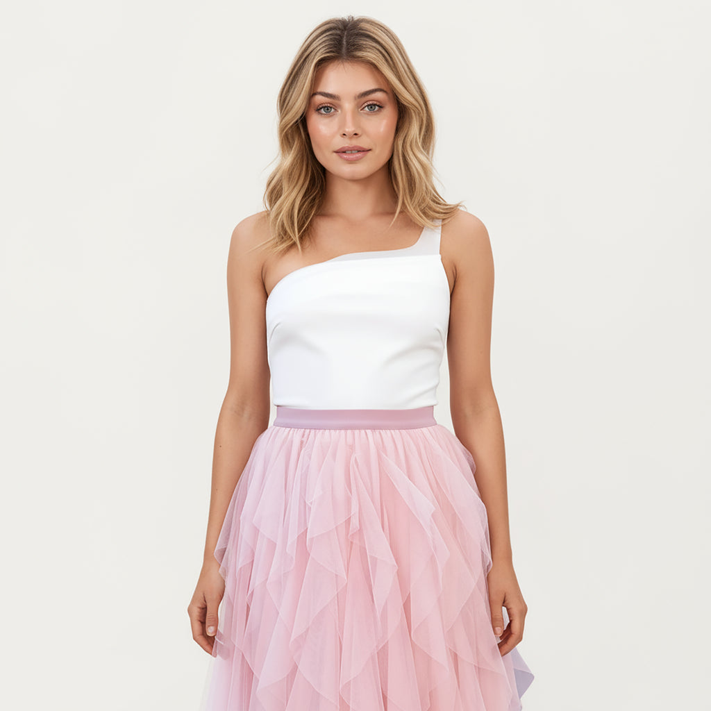 Anna-Kaci Women's Layered Tulle Midi Skirt with Cascading Ruffle Panels and Soft Flowing Sheer Texture Creating a Voluminous Lightweight Silhouette