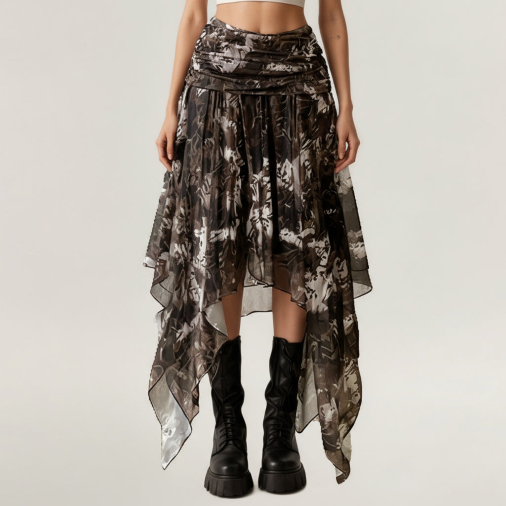 Anna-Kaci Women's Asymmetrical Floral Chiffon Midi Skirt with Draped Waist and Layered Handkerchief Hem