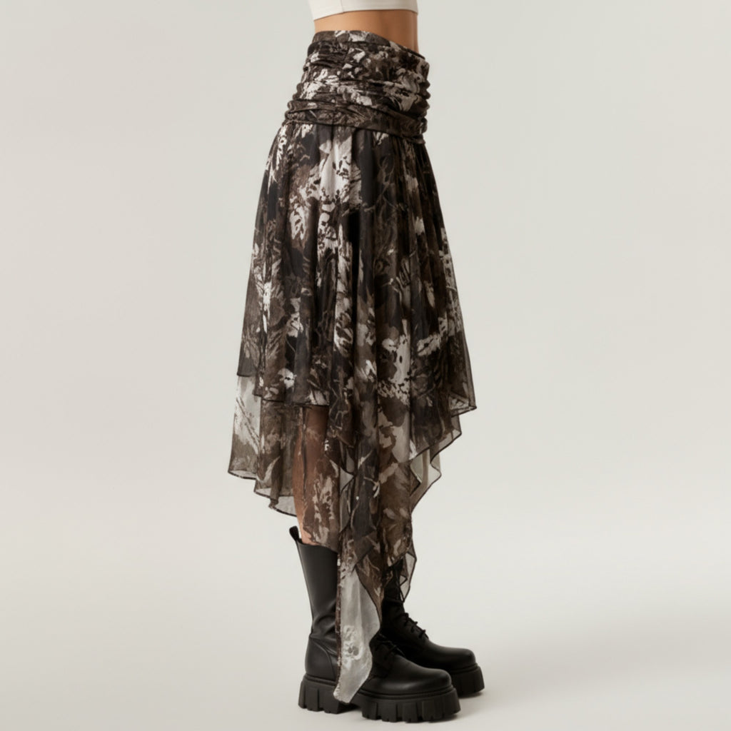 Anna-Kaci Women's Asymmetrical Floral Chiffon Midi Skirt with Draped Waist and Layered Handkerchief Hem
