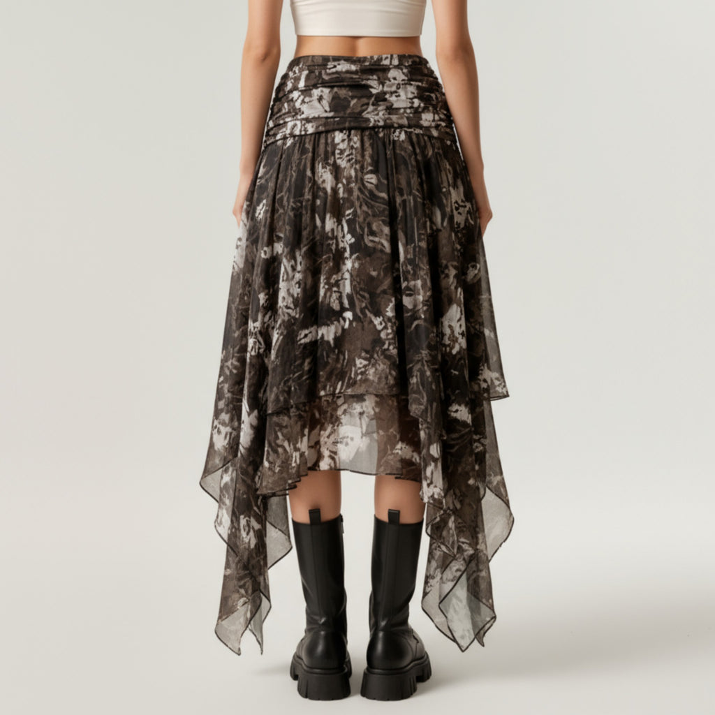 Anna-Kaci Women's Asymmetrical Floral Chiffon Midi Skirt with Draped Waist and Layered Handkerchief Hem