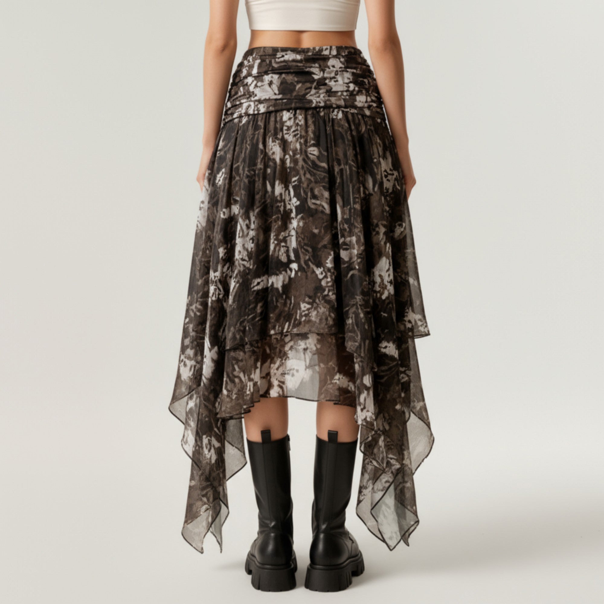 Anna-Kaci Women's Asymmetrical Floral Chiffon Midi Skirt with Draped Waist and Layered Handkerchief Hem