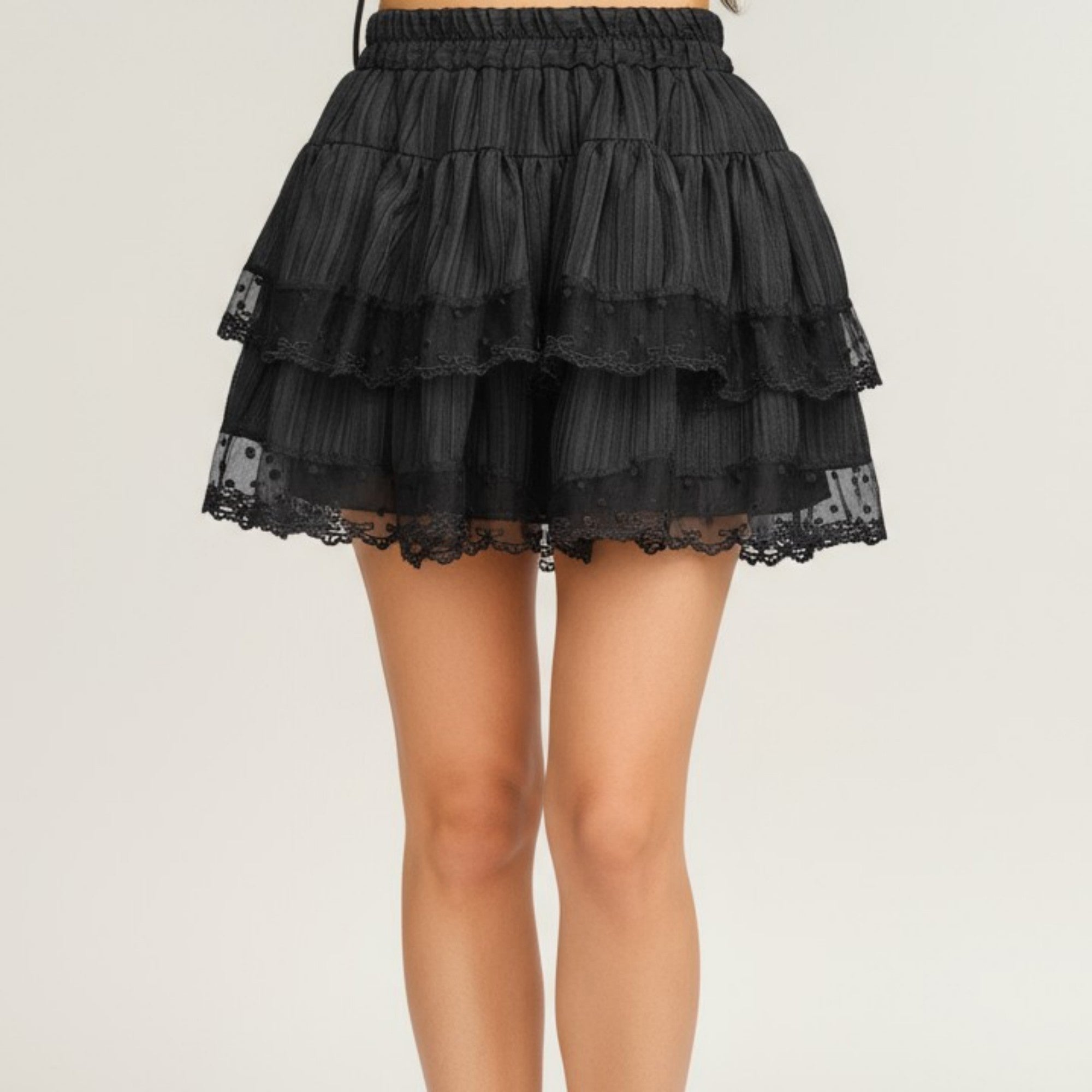 Anna-Kaci Women's Tiered Ruffle Mini Skirt with Layered Textured Fabric Soft Stretch Waist and Sheer Lace Trim Detail