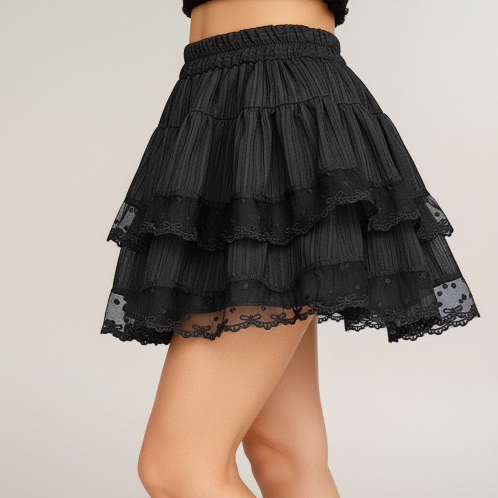 Anna-Kaci Women's Tiered Ruffle Mini Skirt with Layered Textured Fabric Soft Stretch Waist and Sheer Lace Trim Detail