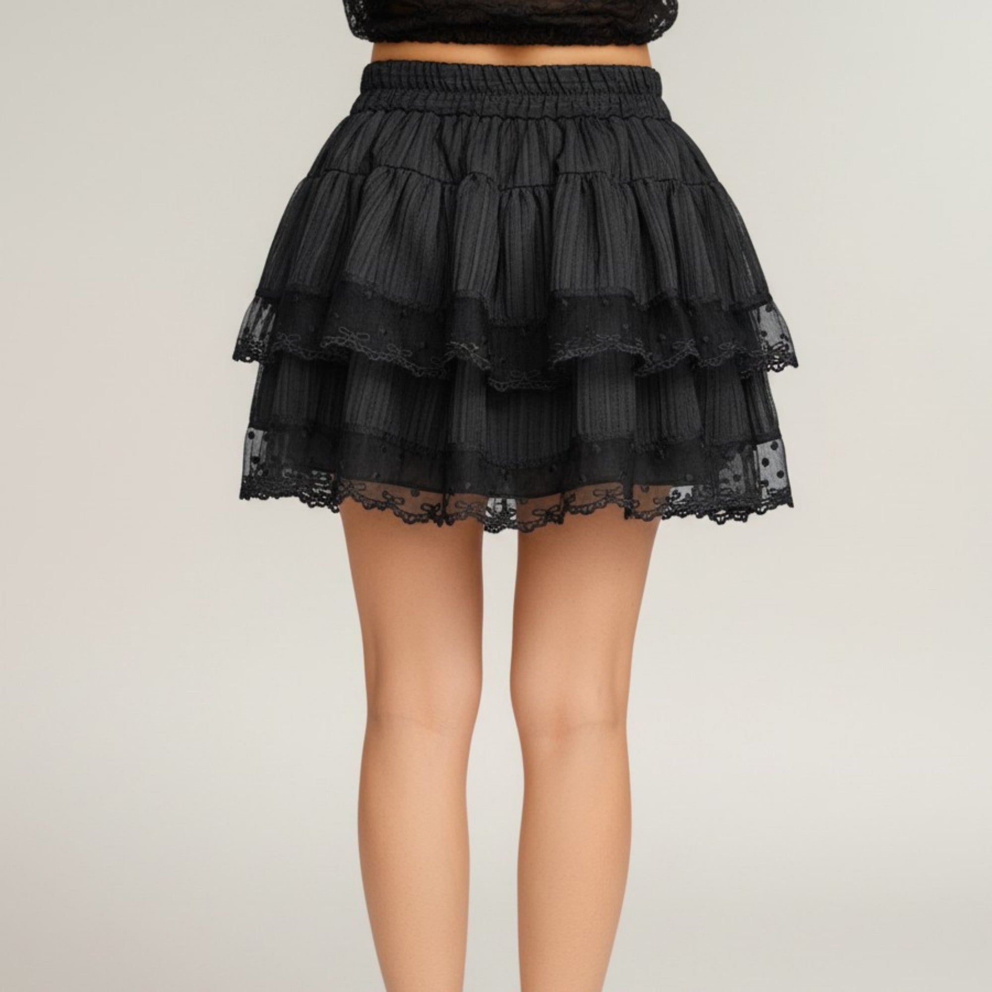 Anna-Kaci Women's Tiered Ruffle Mini Skirt with Layered Textured Fabric Soft Stretch Waist and Sheer Lace Trim Detail