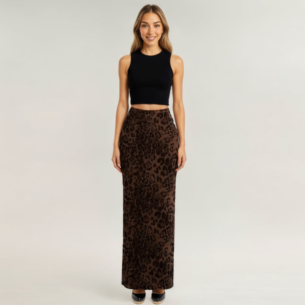 Anna-Kaci Women¡¯s Leopard Print Maxi Skirt with Smooth Stretch Fabric, Soft Straight Silhouette and Clean High Waist Fit for Effortless Movement