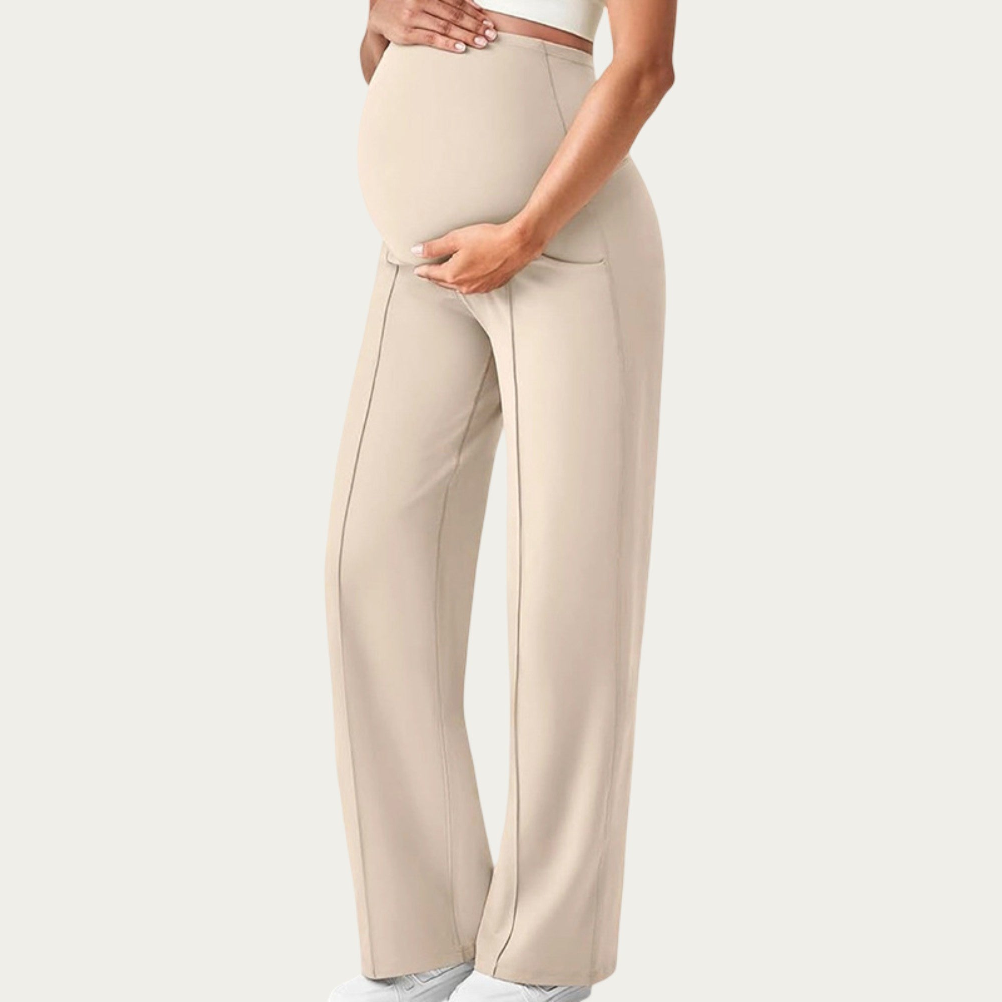 Anna-Kaci Women's Soft Stretch Maternity Pants with Full Belly Panel and Front Seam Detailing for Smooth Support and Flattering Wide Leg Fit