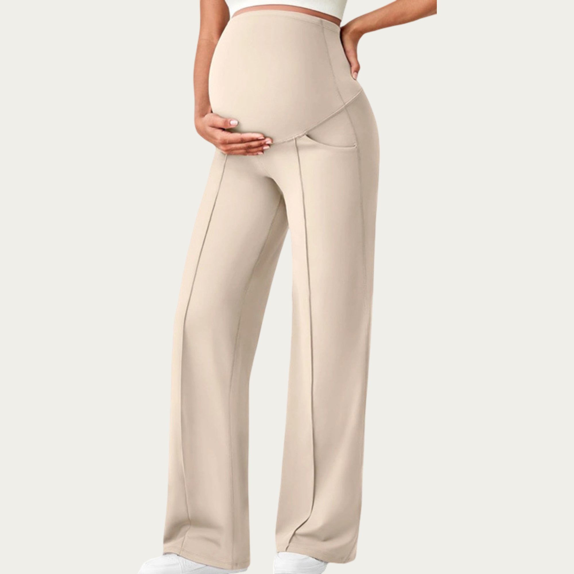 Anna-Kaci Women's Soft Stretch Maternity Pants with Full Belly Panel and Front Seam Detailing for Smooth Support and Flattering Wide Leg Fit