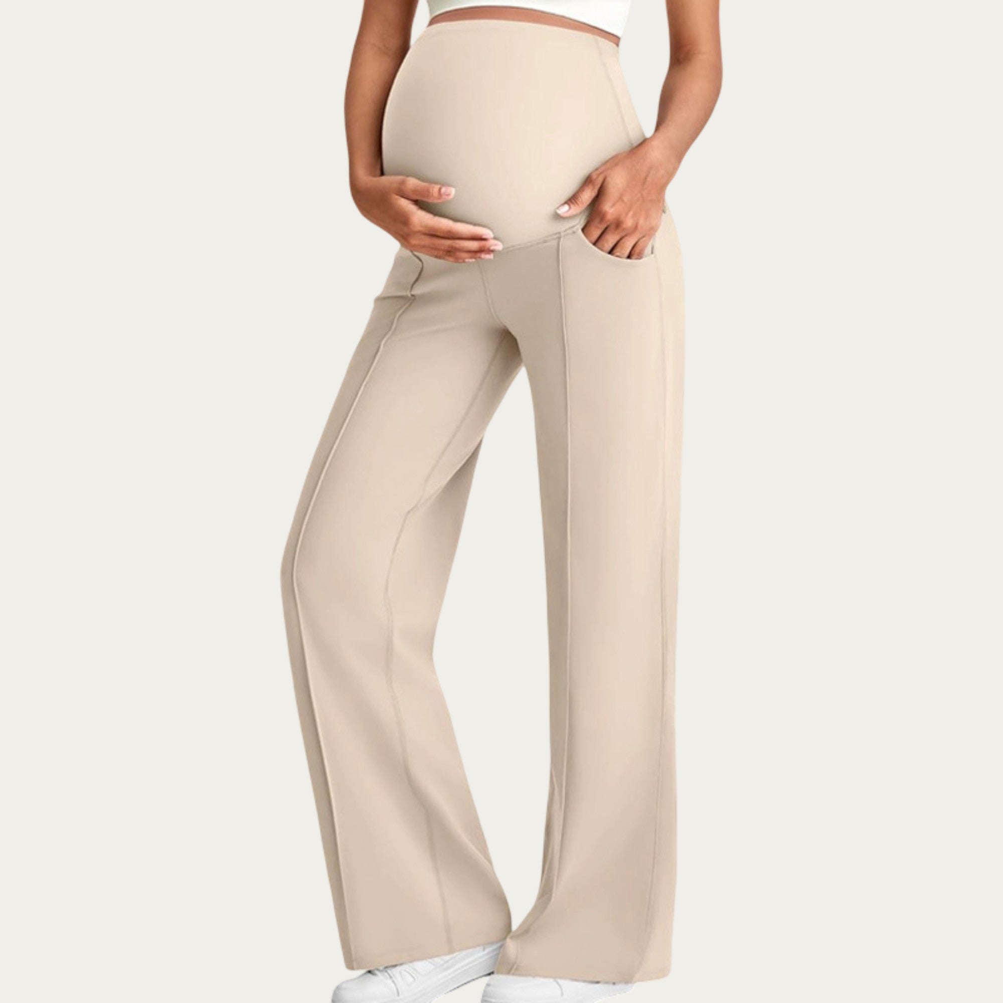 Anna-Kaci Women's Soft Stretch Maternity Pants with Full Belly Panel and Front Seam Detailing for Smooth Support and Flattering Wide Leg Fit